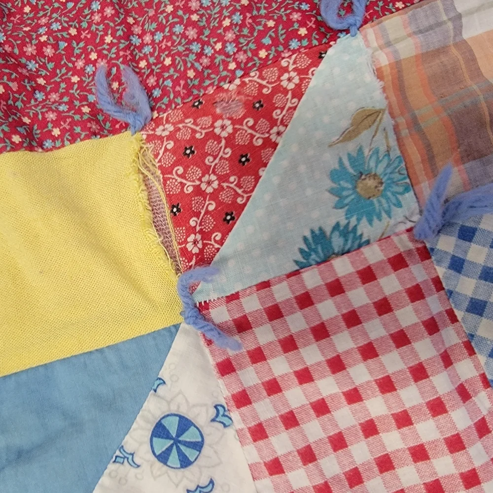Patchwork Quilt Vintage HandMade Tied Pink Colorful Gingham Hand Applied Binding